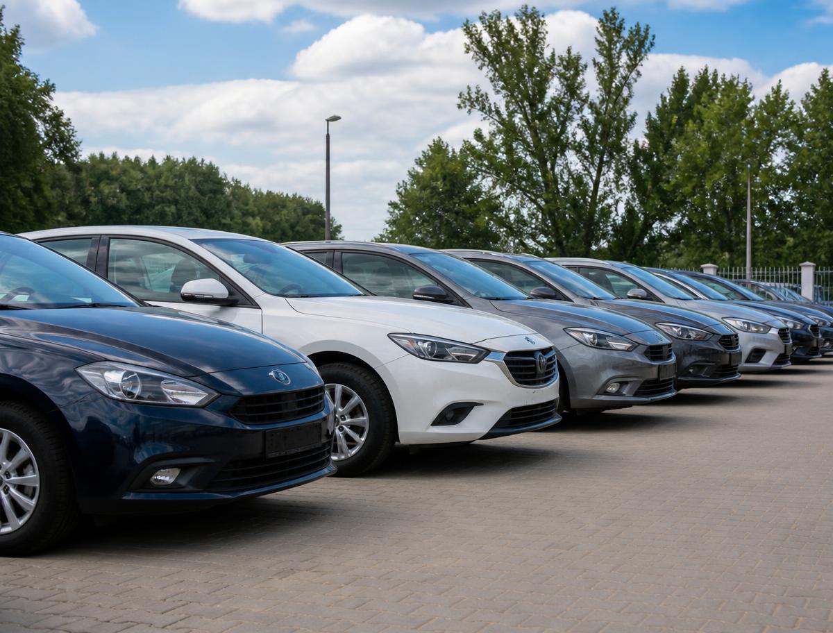 Fila de automóveis usados prontos para venda